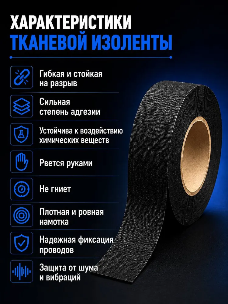 Изолента тканевая автомобильная черная для кабелей и проводов 19мм*25м, 15 м, фото 2