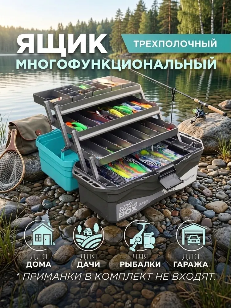 Ящик многофункциональный, ящик рыболовный летний Tackle Box, органайзер для хранения снастей и рыбалки трехполочный бирюзовый NISUS, вариант