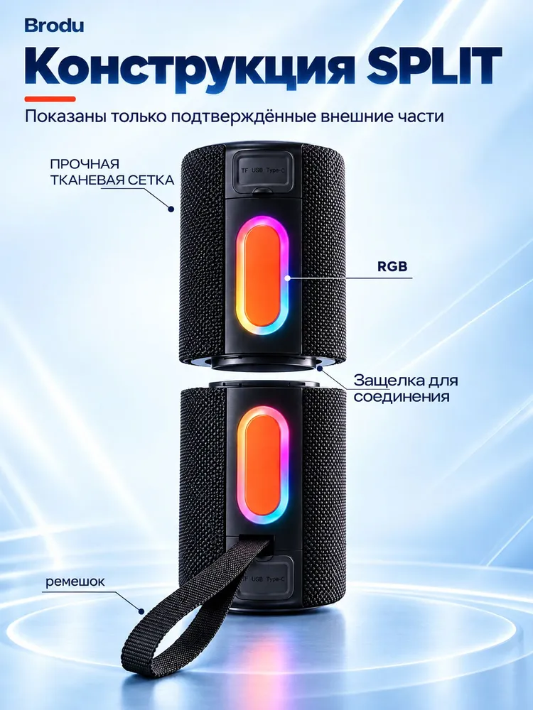 Brodu, колонка блютуз беспроводная музыкальная портативная с радио и bluetooth, 2в1 стереопара колонка TWS., вариант, фото 6