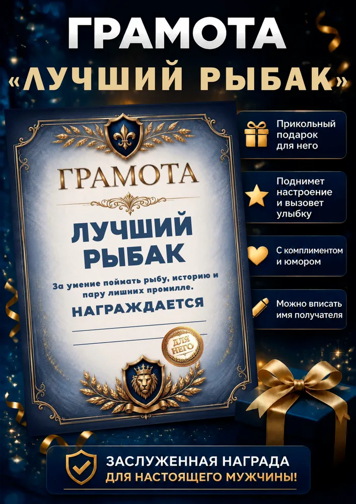 Шуточная грамота "ЛУЧШИЙ РЫБАК", вариант