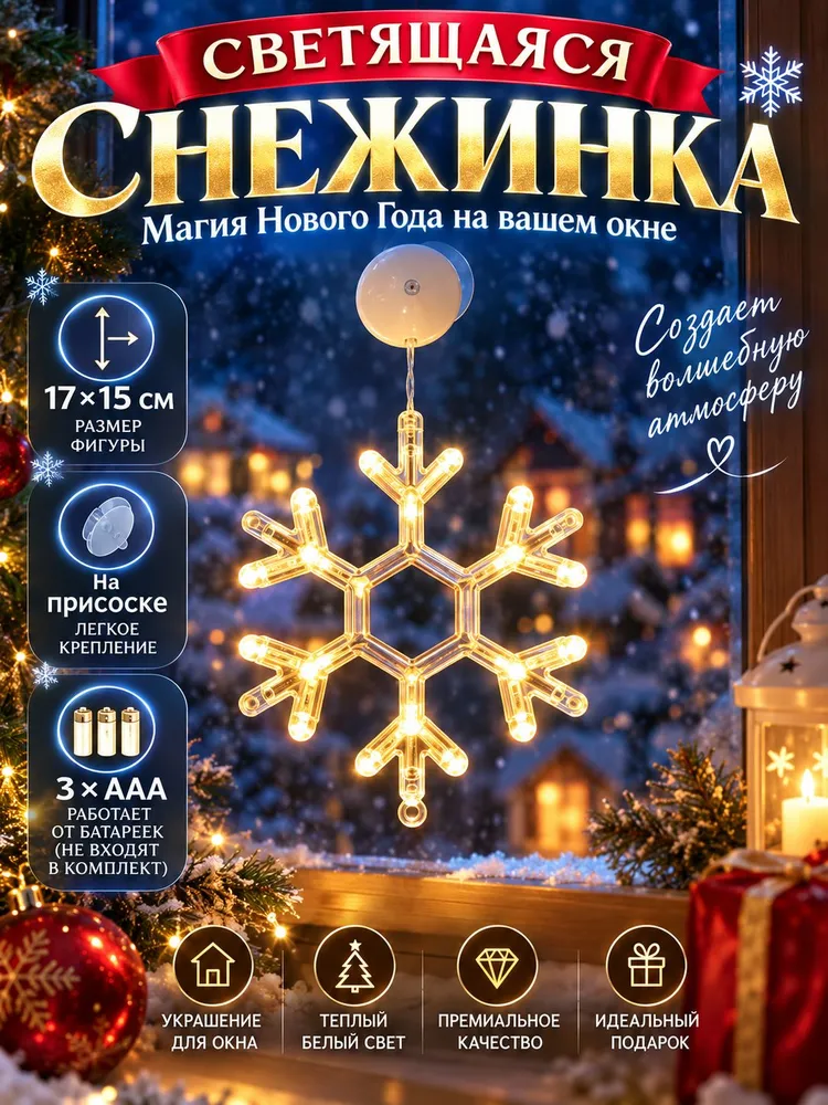Светодиодная фигура на присоске на окно ,новогоднее украшение на батарейке, Снежинка, вариант
