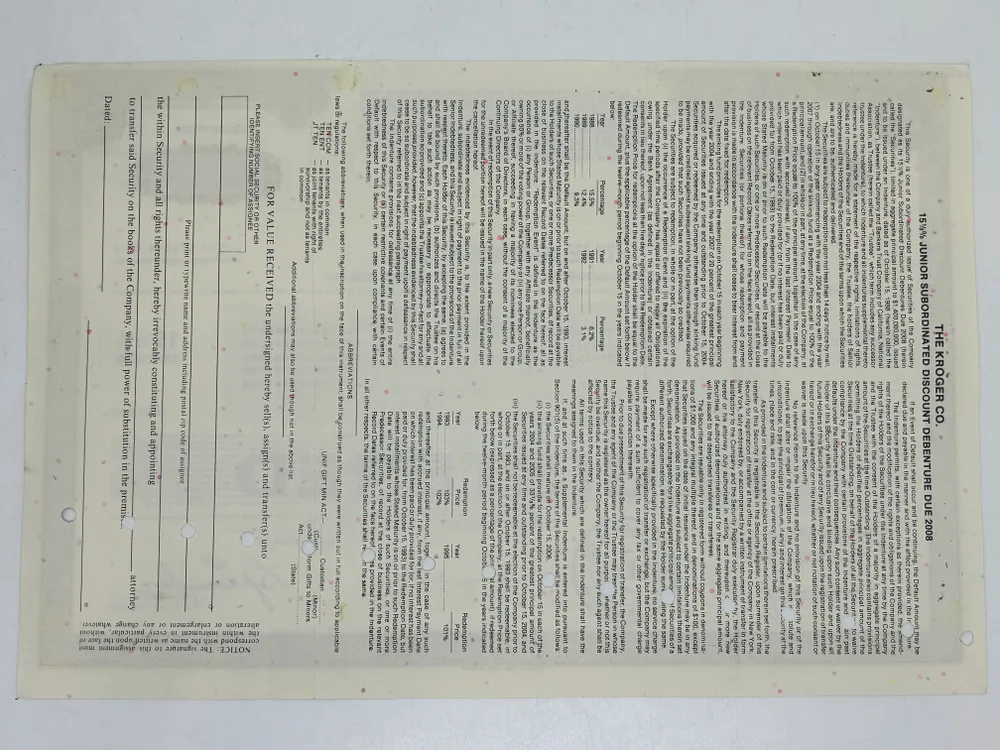 Ценная бумага США Супермаркеты The Kroger Co. , 1990е года. Ценная бумага №12, вариант, фото 2