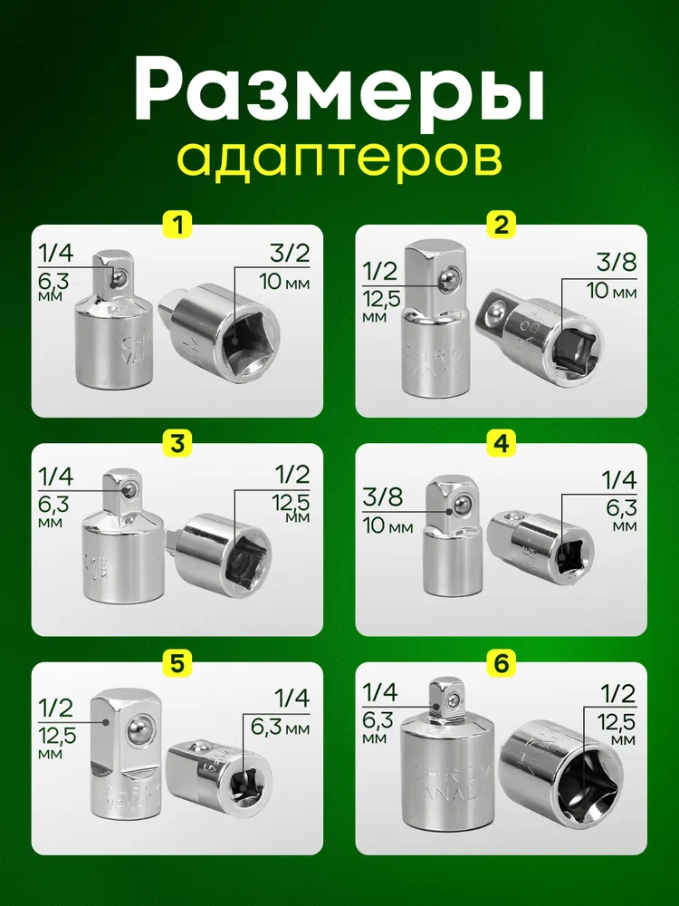Набор переходников для торцевых головок 1/2, 3/8 и 1/4. 6 шт., 6 шт, фото 2
