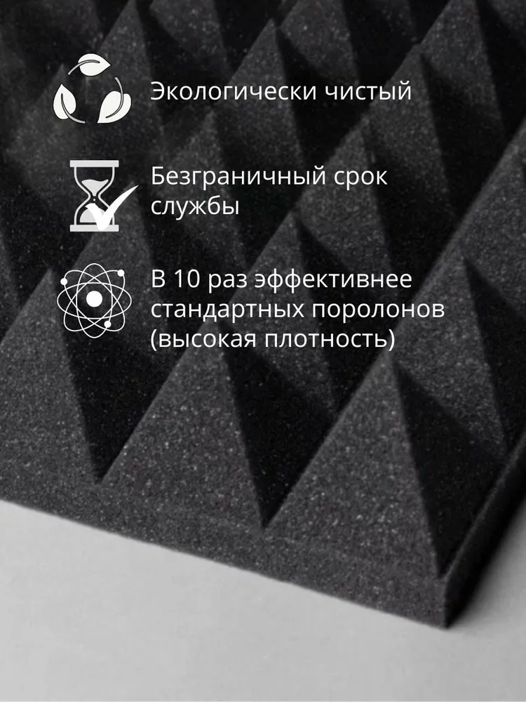 Акустический поролон пирамида 65 мм 1000х2000мм / Шумоизолирующий - Звукоизолирующий поролон, 65 мм, фото 2