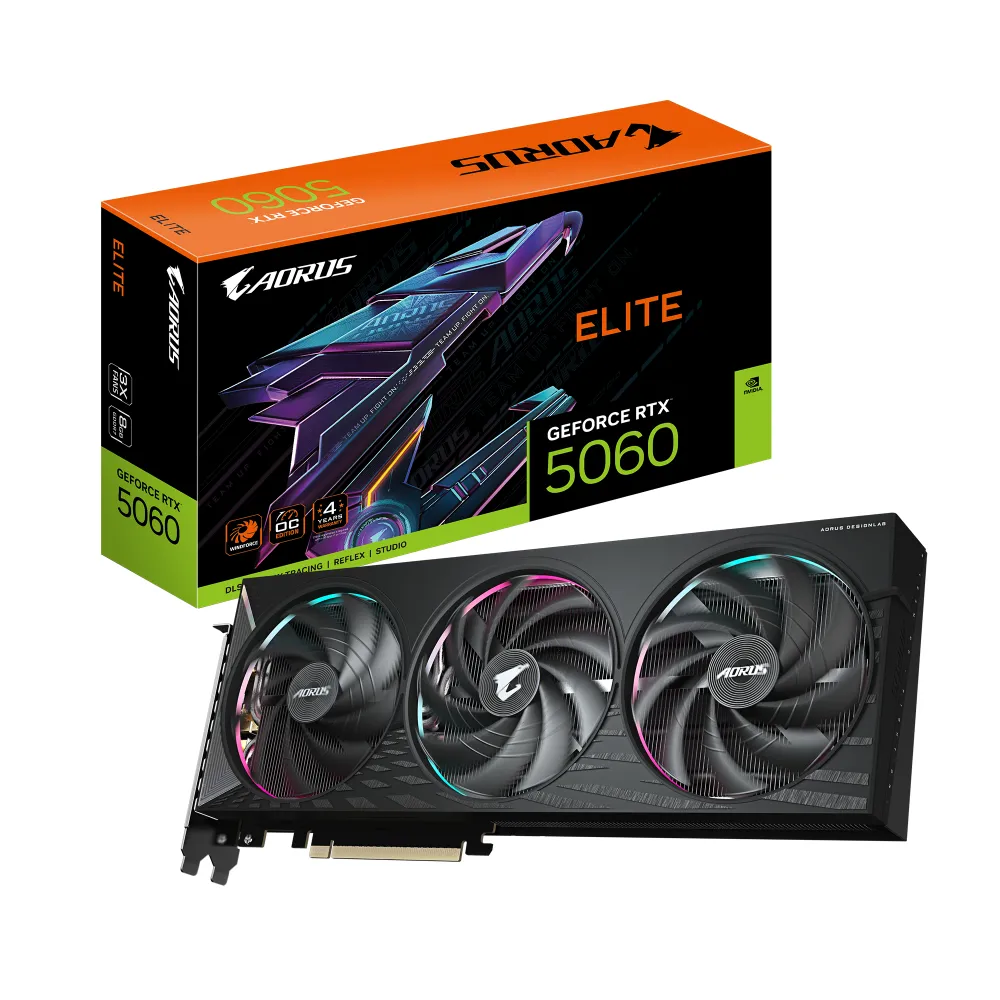 Gigabyte Видеокарта GeForce RTX 5060 AORUS ELITE 8 ГБ (GV-N5060AORUS E-8GD)