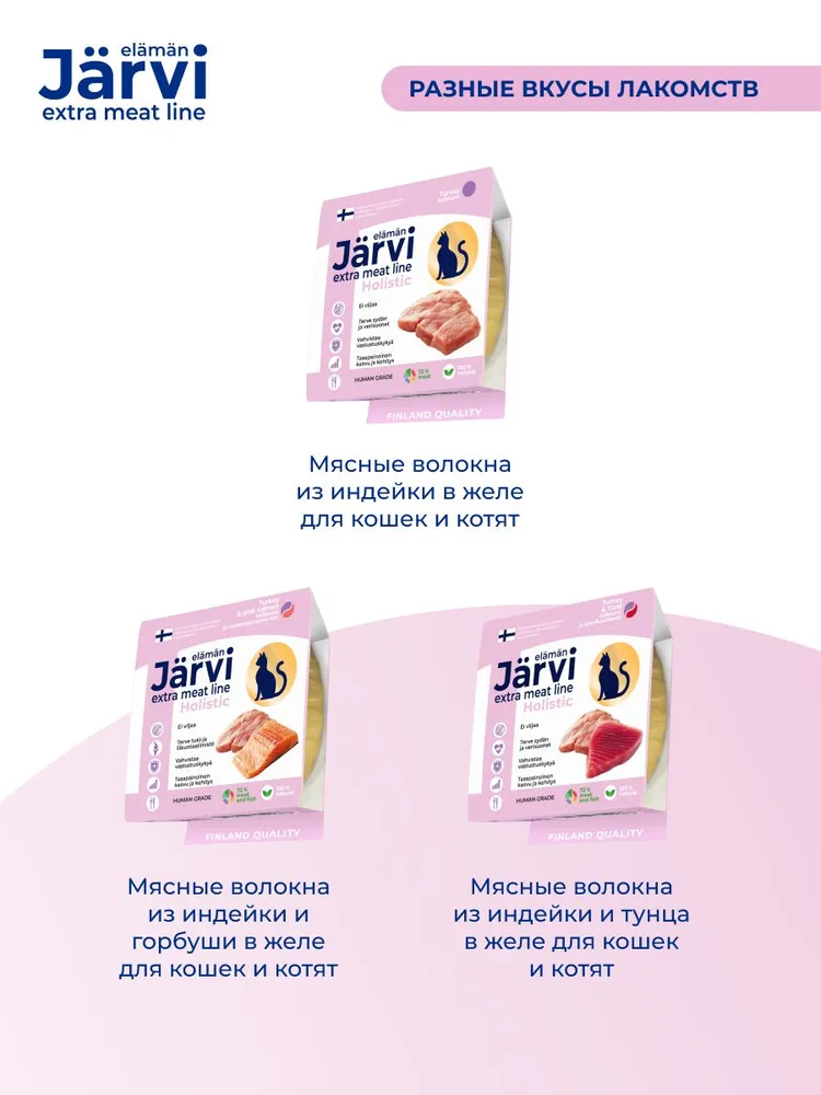 Лакомства Jarvi Extra meat line для кошек и котят мясные волокна из индейки и тунца в желе, 50 г х 12 шт., 50 г, 12 шт, фото 6
