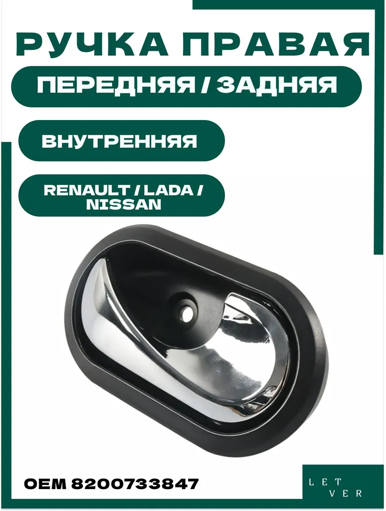 Ручка двери внутренняя ПРАВАЯ для Рено/Лада/Ниссан (хром глянцевый R), вариант