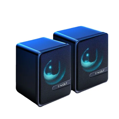 колонки для компьютера,T-WOLF, проводной USB, RGB-подсветка, черный