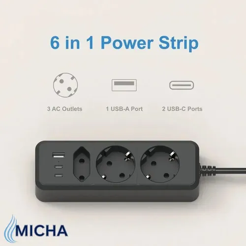 6 IN 1 2500W Удлинитель сетевой электрический бытовой с заземлением с выключателем 3 розетки, 1 с US
