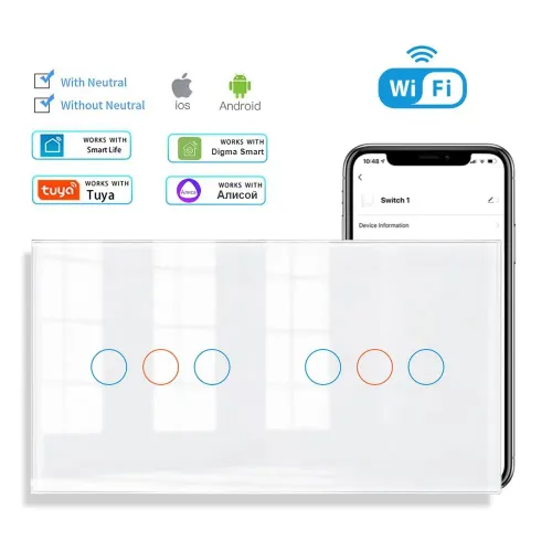 Умный сенсорный выключатель с WIFI трехклавишный ,6 клавиша, 2пост стекло 153х82 мм ,белый