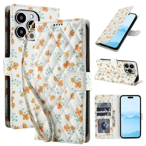 Чехол-кошелек для iPhone 16 Pro (элегантный цветочный принт) Ромбовидная текстурка, ремешок и карточ