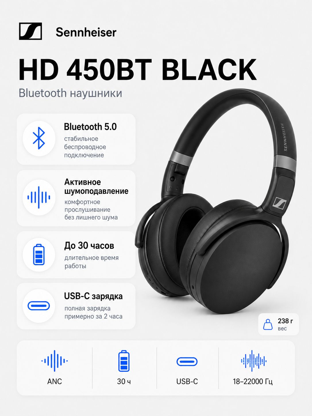 Полноразмерные Полноразмерные Sennheiser HD 450BT Беспроводное 32