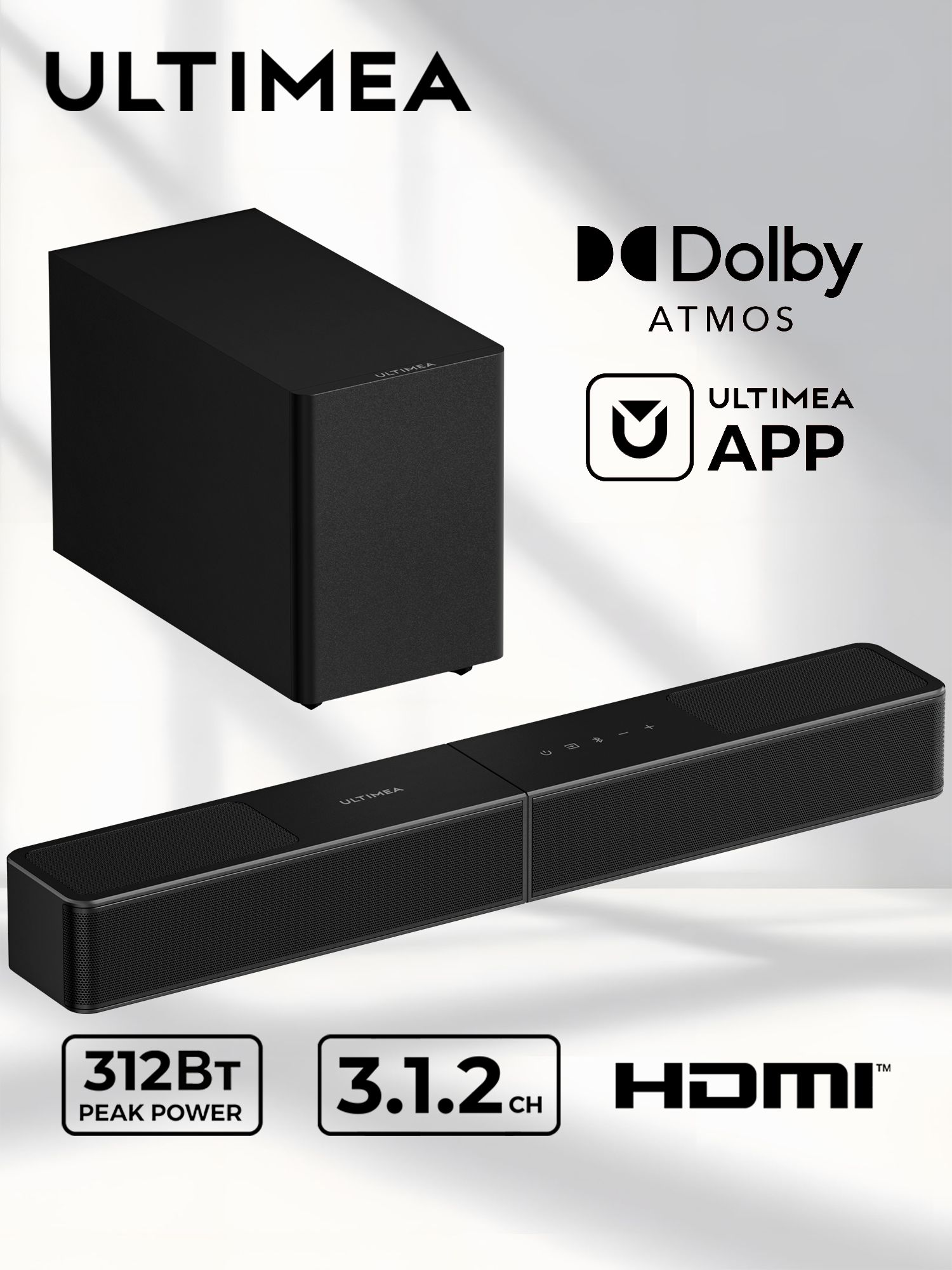 Саундбар для телевизора с сабвуфером ULTIMEA Poseidon M70, домашний кинотеатр 3.1.2 Dolby Atmos, 312Вт, беспроводной сабвуфер, Bluetooth 6.0, HDMI eARC, приложение Ultimea App