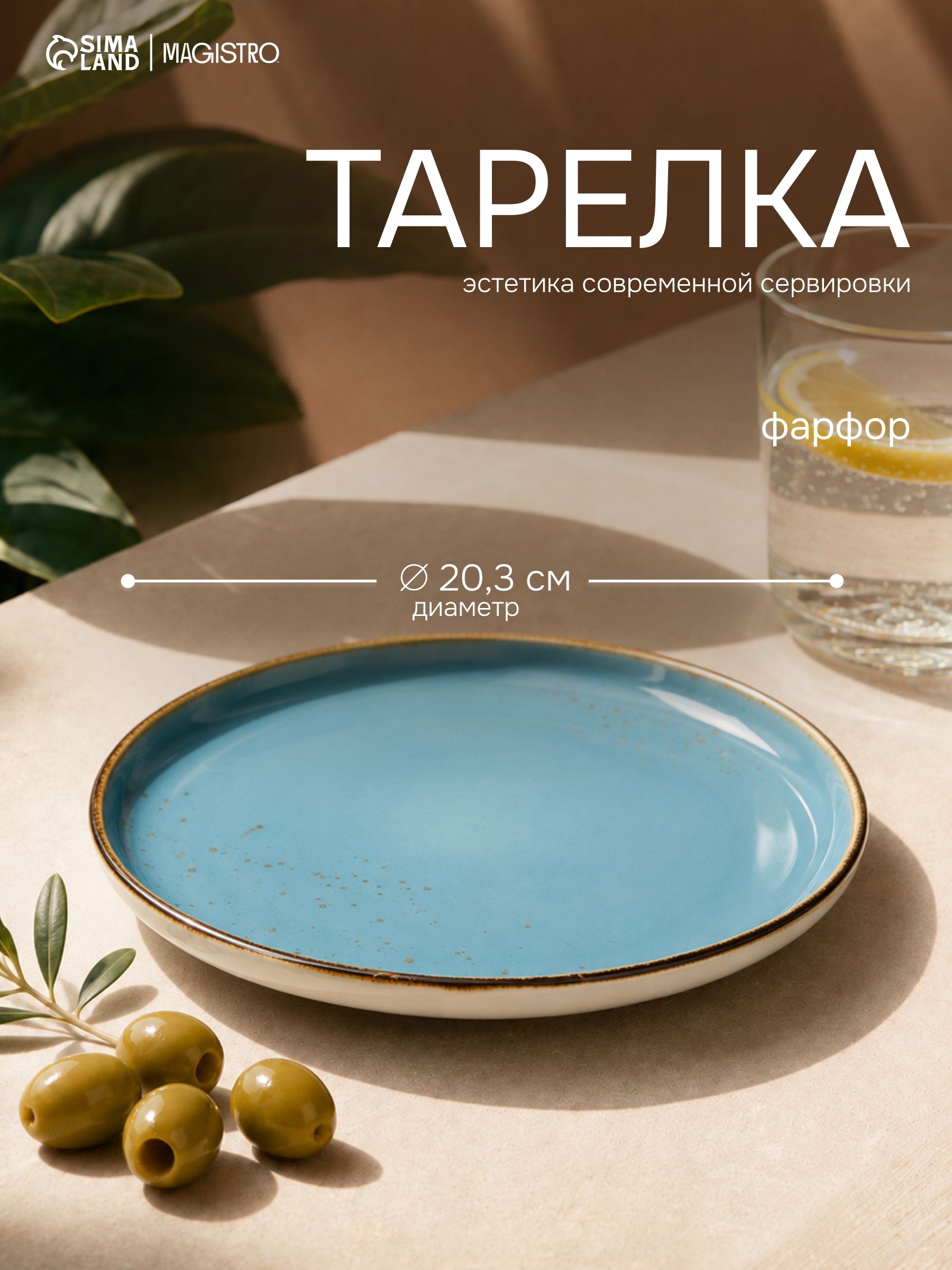 Тарелка плоская, десертная, с бортиками, диамет 20,3 см, Magistro "Церера", фарфоровая, голубая