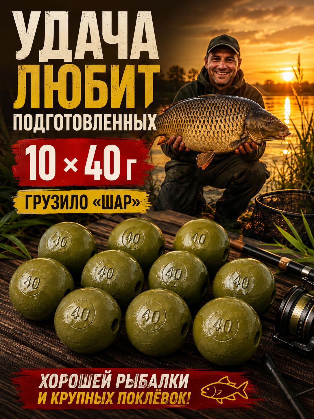 Грузило Шар скользящее 40 г, окрашенное оливковое, 10 шт, для донной и карповой оснастки