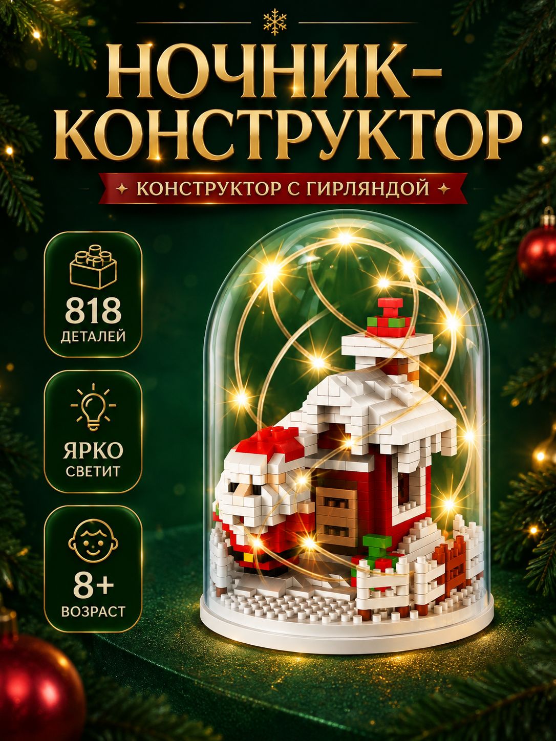 Конструктор ночник, "Новогодние истории" 818 деталей, с гирляндой, детский ночник