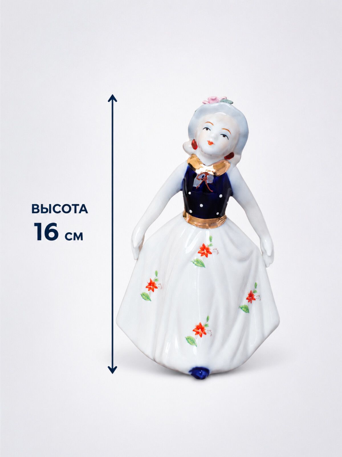 Статуэтка Девушка фарфоровая 16 см, белое платье с цветами — фото 2