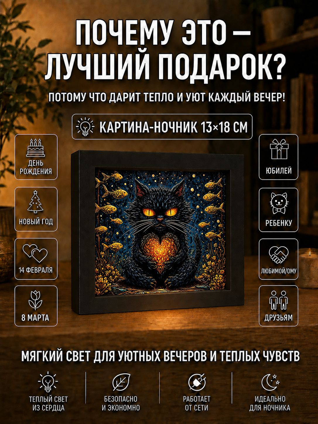 Котик с сердечком и золотыми рыбками