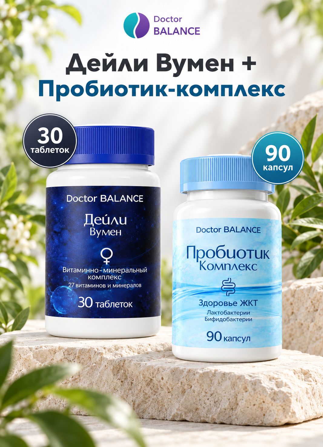 Набор Doctor Balance: Витамины для женщин Дейли Вумен 30 + Пробиотик-комплекс для пищеварения 90