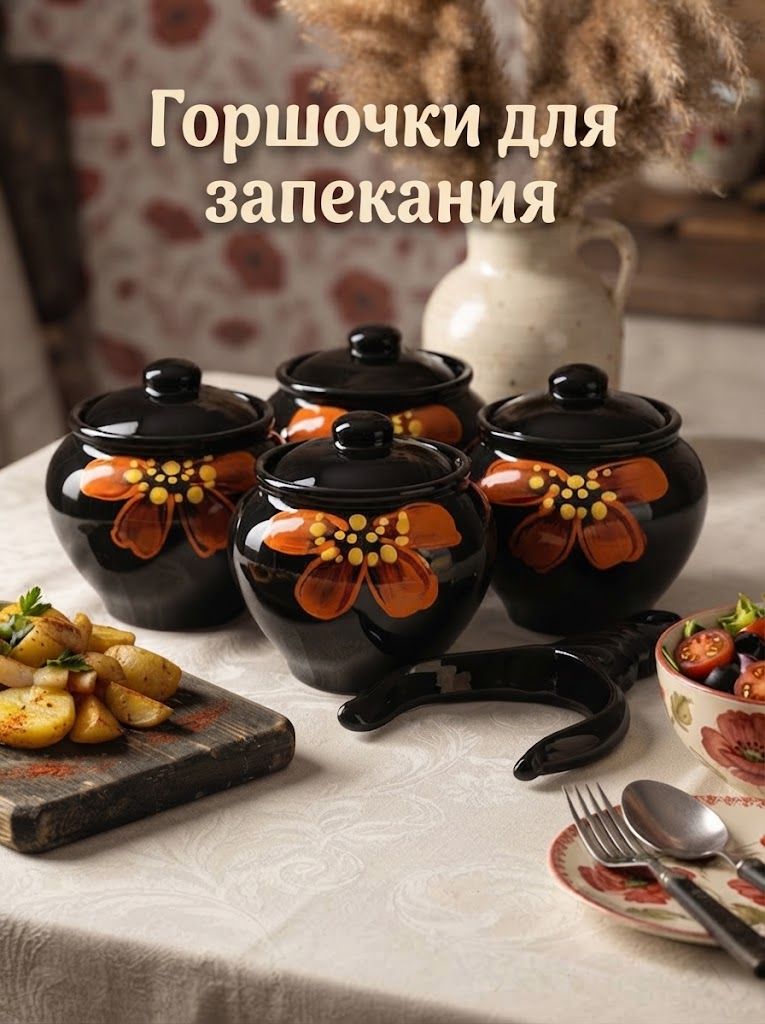 Горшочек для запекания, набор 4 шт, 850 мл, с ухватом, керамика