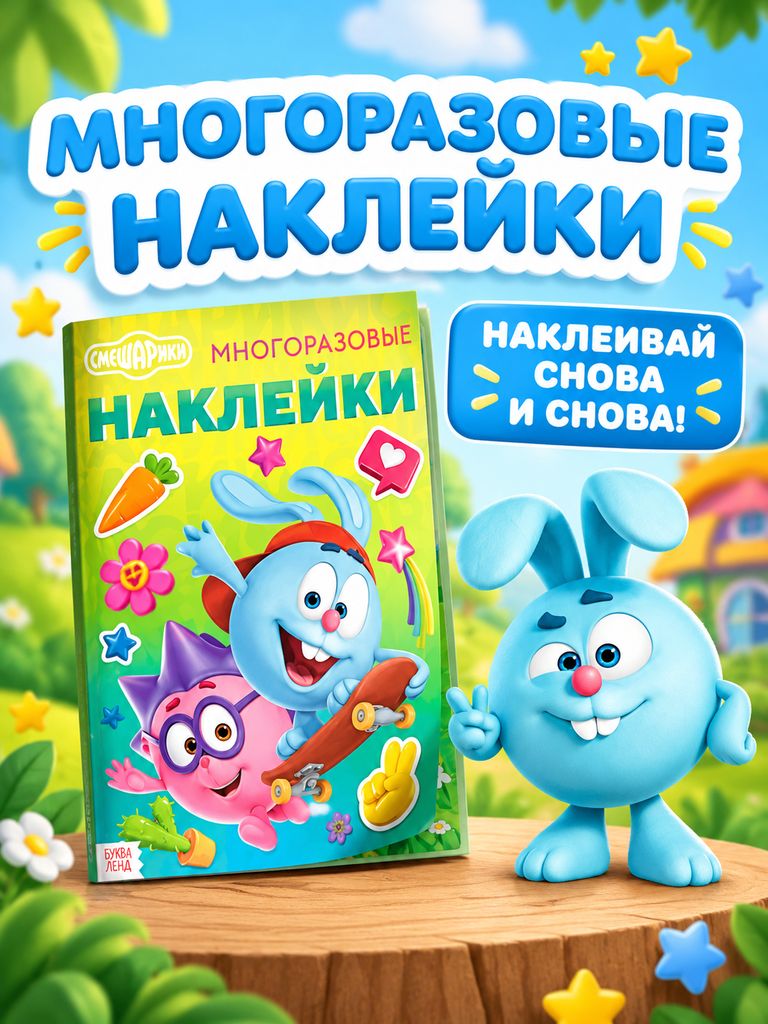 Многоразовые наклейки для малышей "Смешарики", 4 страницы, формат А4, 3+