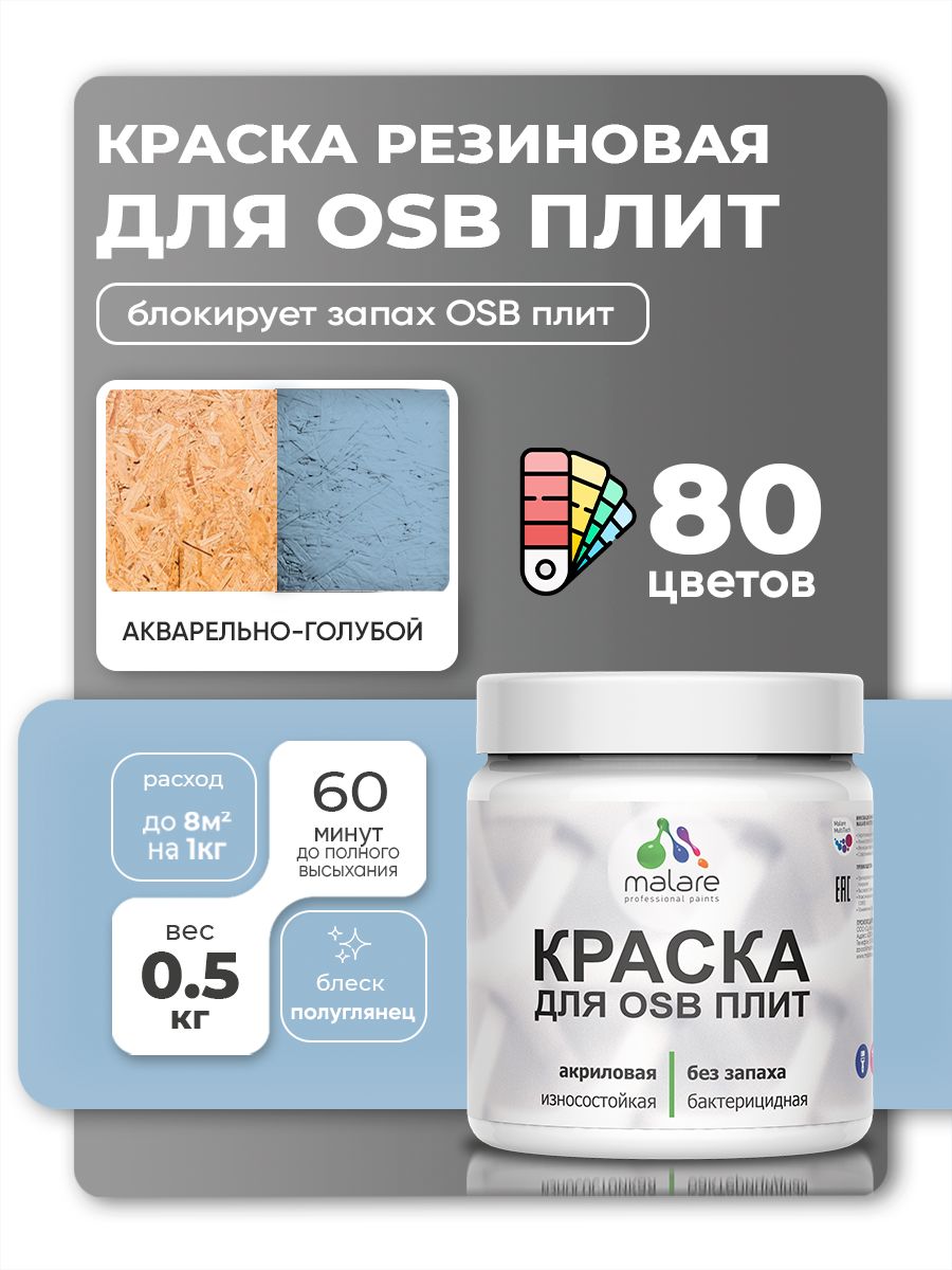 Резиновая краска для ОСБ плит Malare акриловая краска для дерева для наружных и внутренних работ, быстросохнущая без запаха полуглянцевая, акварельно-голубой, 0.5 кг