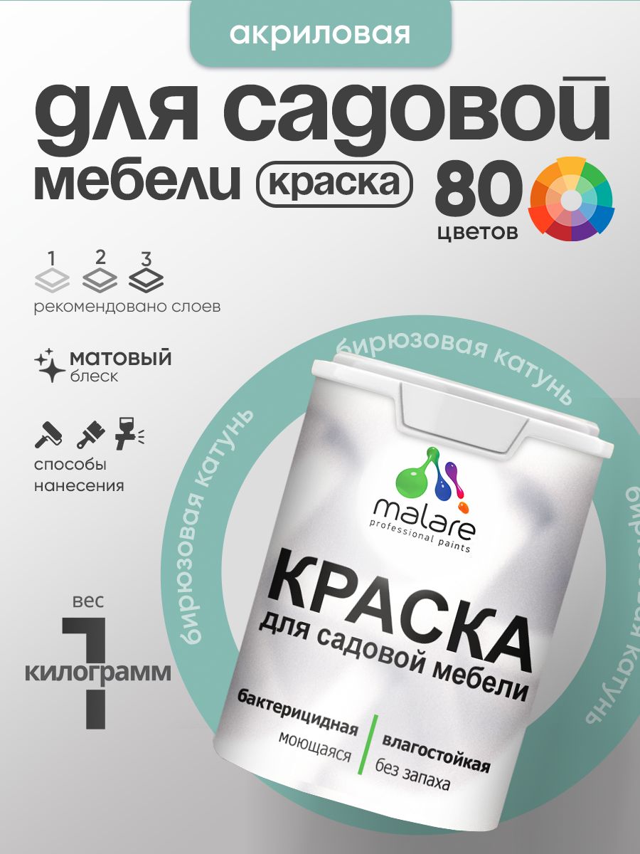 Акриловая краска Malare для садовой мебели/ по дереву, для наружных и внутренних работ/ быстросохнущая моющаяся без запаха матовая, бирюзовая катунь, 1 кг