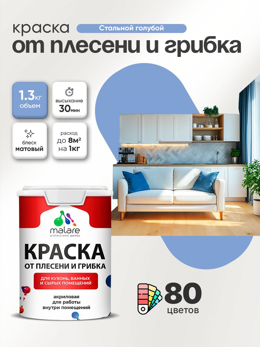 Влагостойкая краска от плесени и грибка Malare Professional акриловая для кухни, ванной комнаты, для сырых помещений, быстросохнущая без запаха, стальной голубой, (1л - 1.3кг)