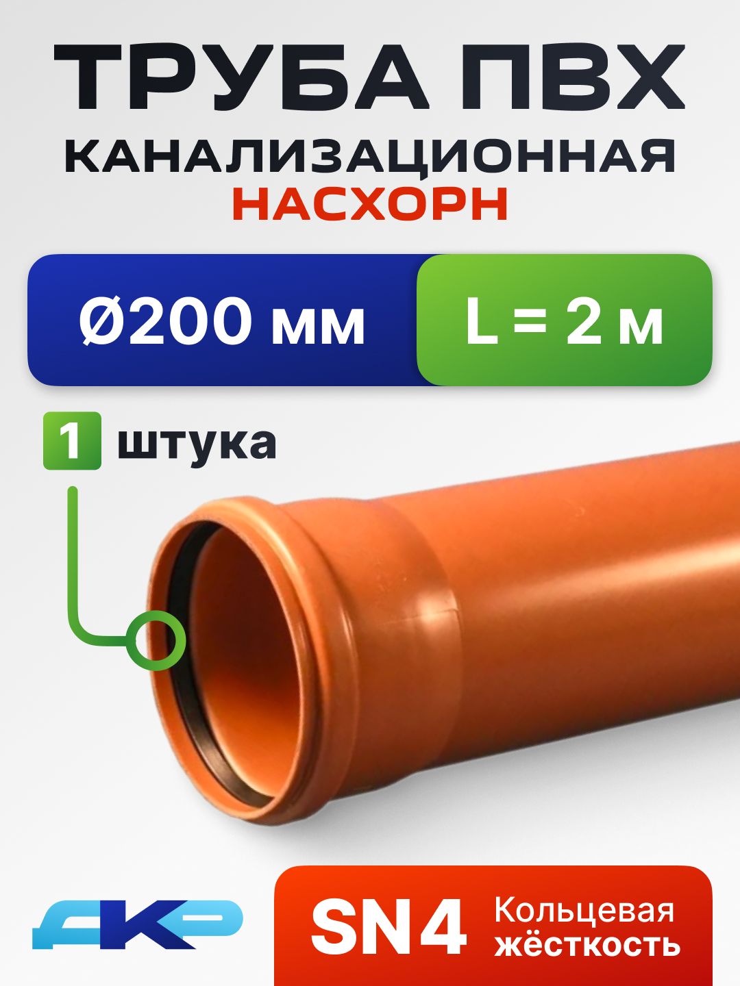 ТрубаПВХканализационная200мм,наружная,длина2метра,Насхорн,SN4