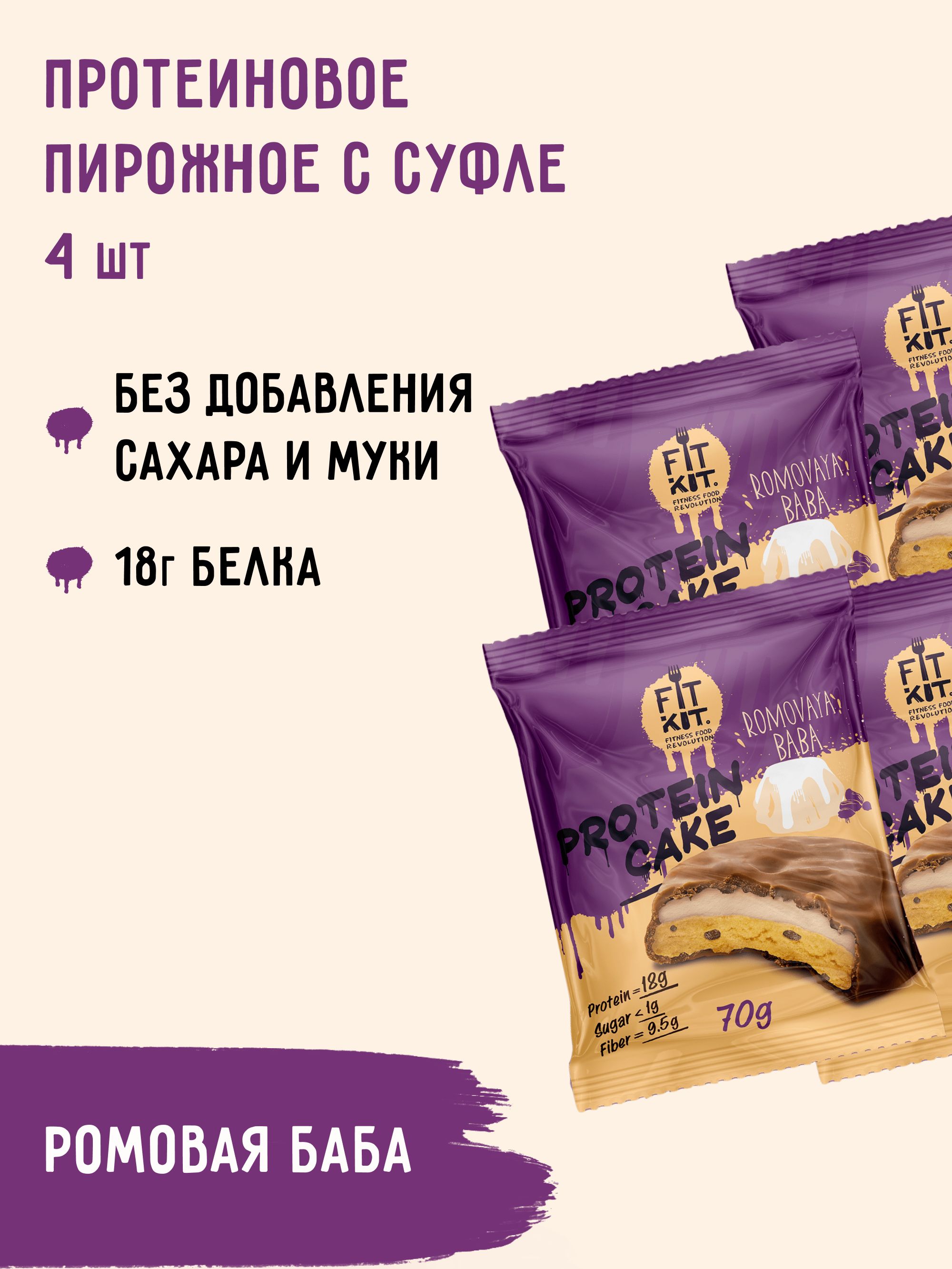 ПротеиновоепеченьеFITKITссуфлеProteinCakeсовкусомРомовойбабы,4штх70г