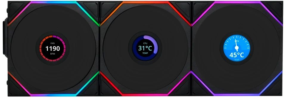 ВентилятордлякорпусаLianLiUNIFanTLWirelessLCD120ReverseBladeBlack(3шт.)(G99.12RTLLCD1W3B.R0)