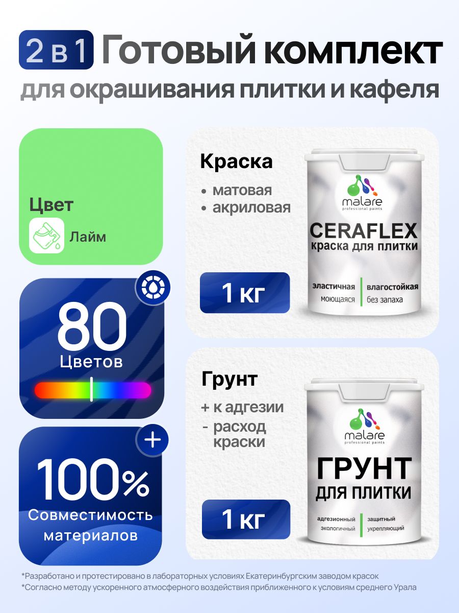 Комплект Malare LIPPO для окрашивания плитки и кафеля (1кг грунт + 1 кг краска), акриловый, без запаха, быстросохнущий, матовый, цвет лайм