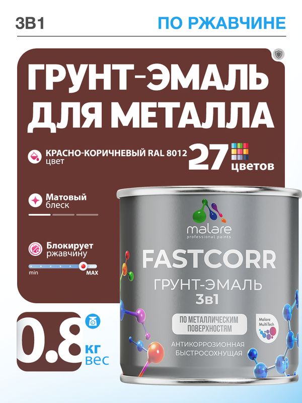 Грунт-эмаль по ржавчине 3 в 1 Malare FastCorr краска для металла, антикоррозионная износостойкая быстросохнущая RAL 8012, красно-коричневый, матовая, 0,8 кг.