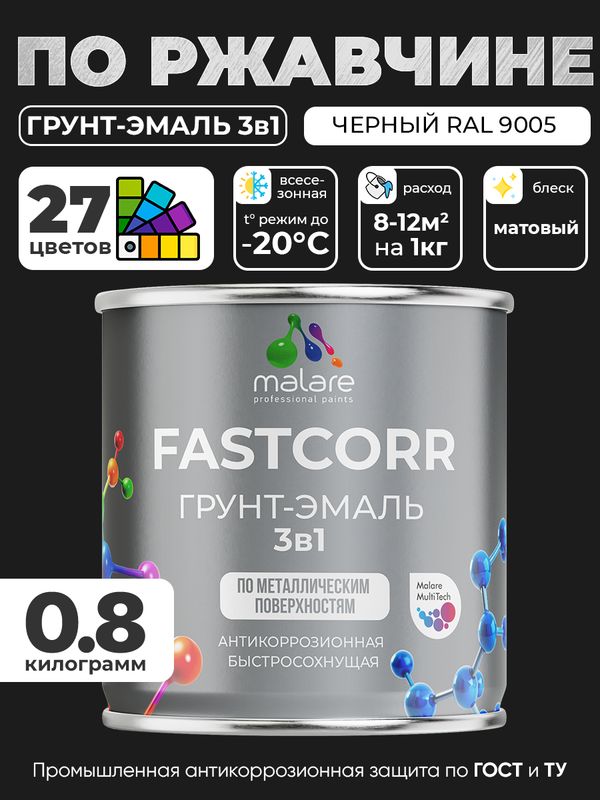 Грунт-эмаль по ржавчине 3 в 1 Malare FastCorr краска для металла, антикоррозионная износостойкая быстросохнущая RAL 9005, черный, матовая, 0,8 кг.