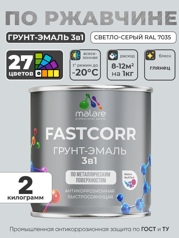 Грунт-эмаль по ржавчине 3 в 1 Malare FastCorr краска для металла, антикоррозионная износостойкая быстросохнущая RAL 7035, светло-серый, глянцевая, 2 кг.