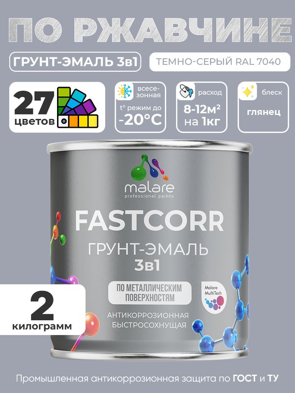 Грунт-эмаль по ржавчине 3 в 1 Malare FastCorr краска для металла, антикоррозионная износостойкая быстросохнущая RAL 7040, темно-серый, глянцевая, 2 кг.