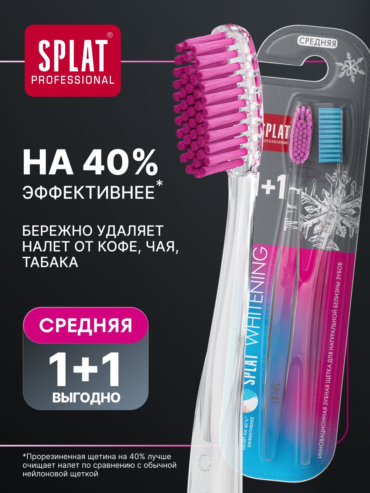 Зубная щетка средней жесткости для интенсивного и безопасного отбеливания SPLAT Professional WHITENING Инновационная, Набор (1+1)