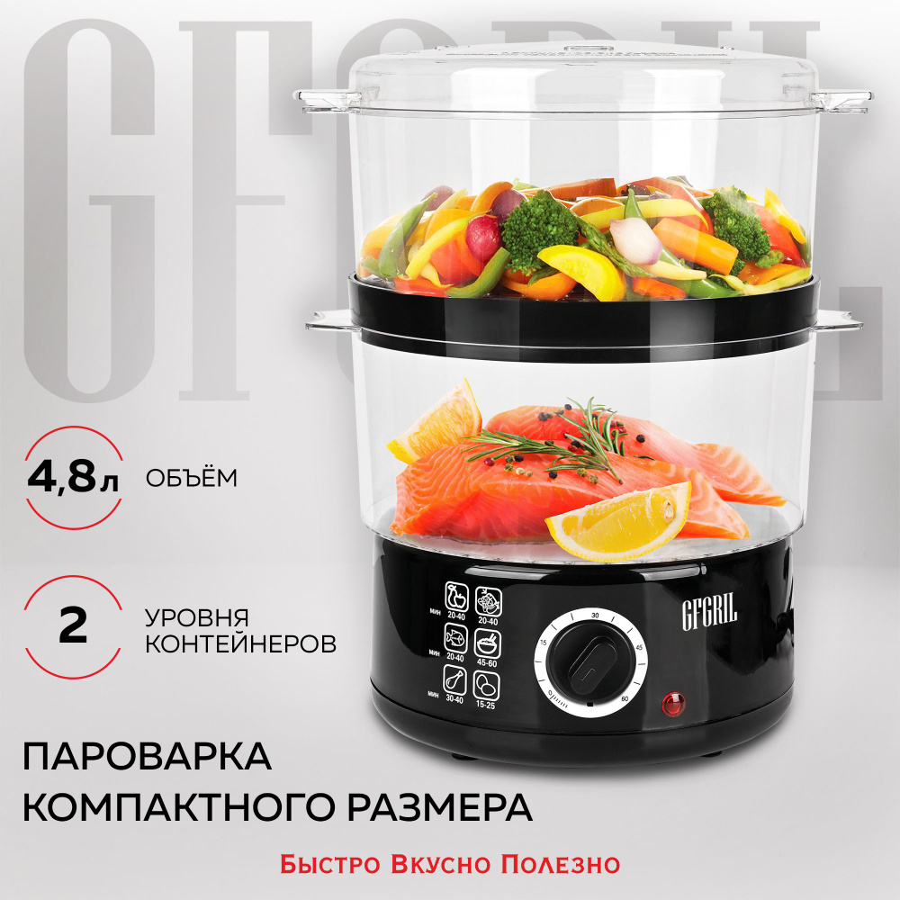 GFGRIL электрическая пароварка GFS-2M-black, 2 уровня, пароварка объемом  4.8 л, быстрый нагрев, таймер до 60 мин, легко мыть, компактное хранение