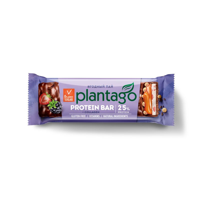 Протеиновые батончики, 12 шт по 40 гр, Plantago Protein Bar + Collagen Crunch, вкус: ягодный пай  #1