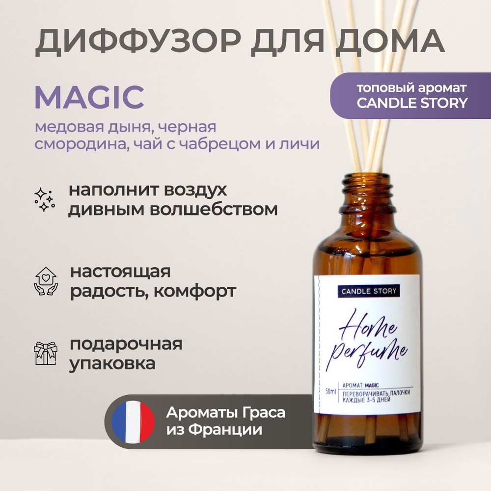 Диффузор ароматический с ротанговыми палочками Candle Story, аромат Magic,  50 мл