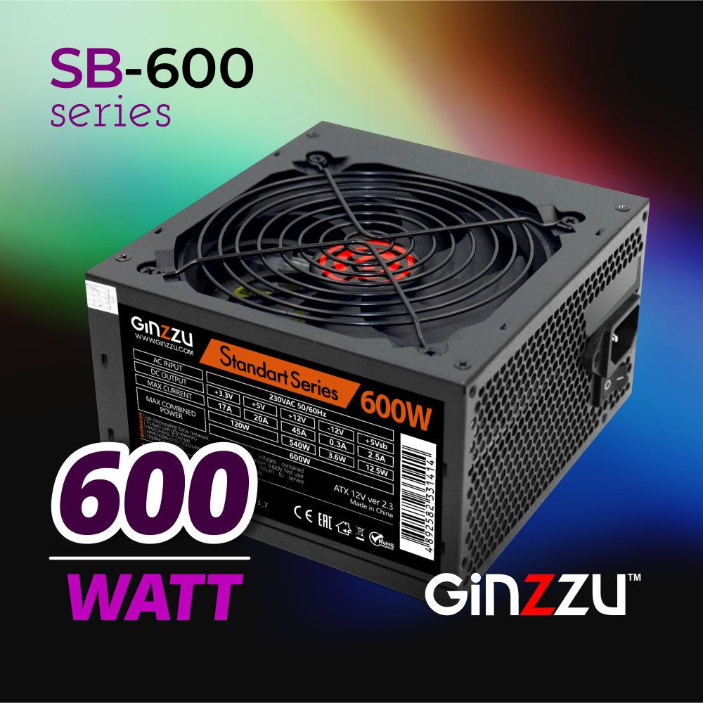 Блок питания Ginzzu SB600 ATX, 12cm fan, 20+4pin CPU (4+4), 4*SATA, 3*IDE , PCI-E (6+2) цвет черный  #1