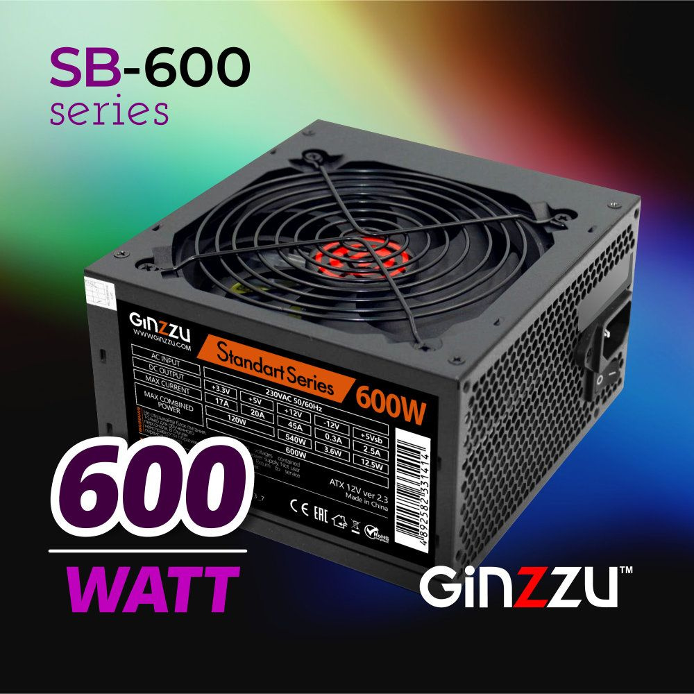 Блок питания Ginzzu SB600 ATX, 12cm fan, 20+4pin CPU (4+4), 4*SATA, 3*IDE ,  PCI-E (6+2) цвет черный