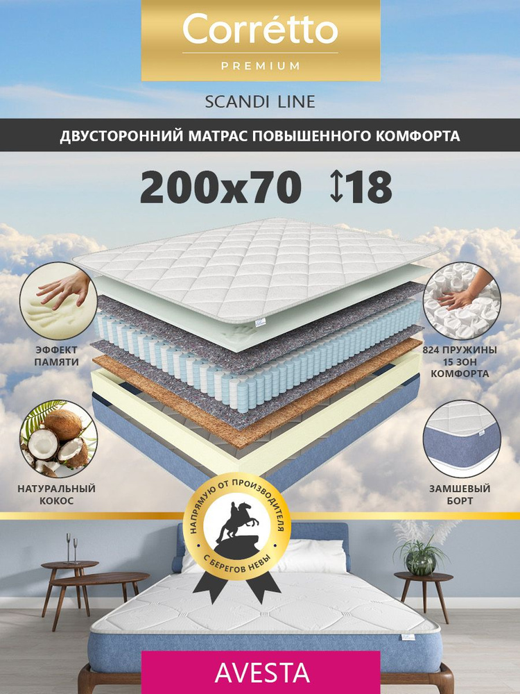 Матрас 70х200 пружинный на кровать, двусторонний, ортопедический и массажный эффект, Corretto  #1