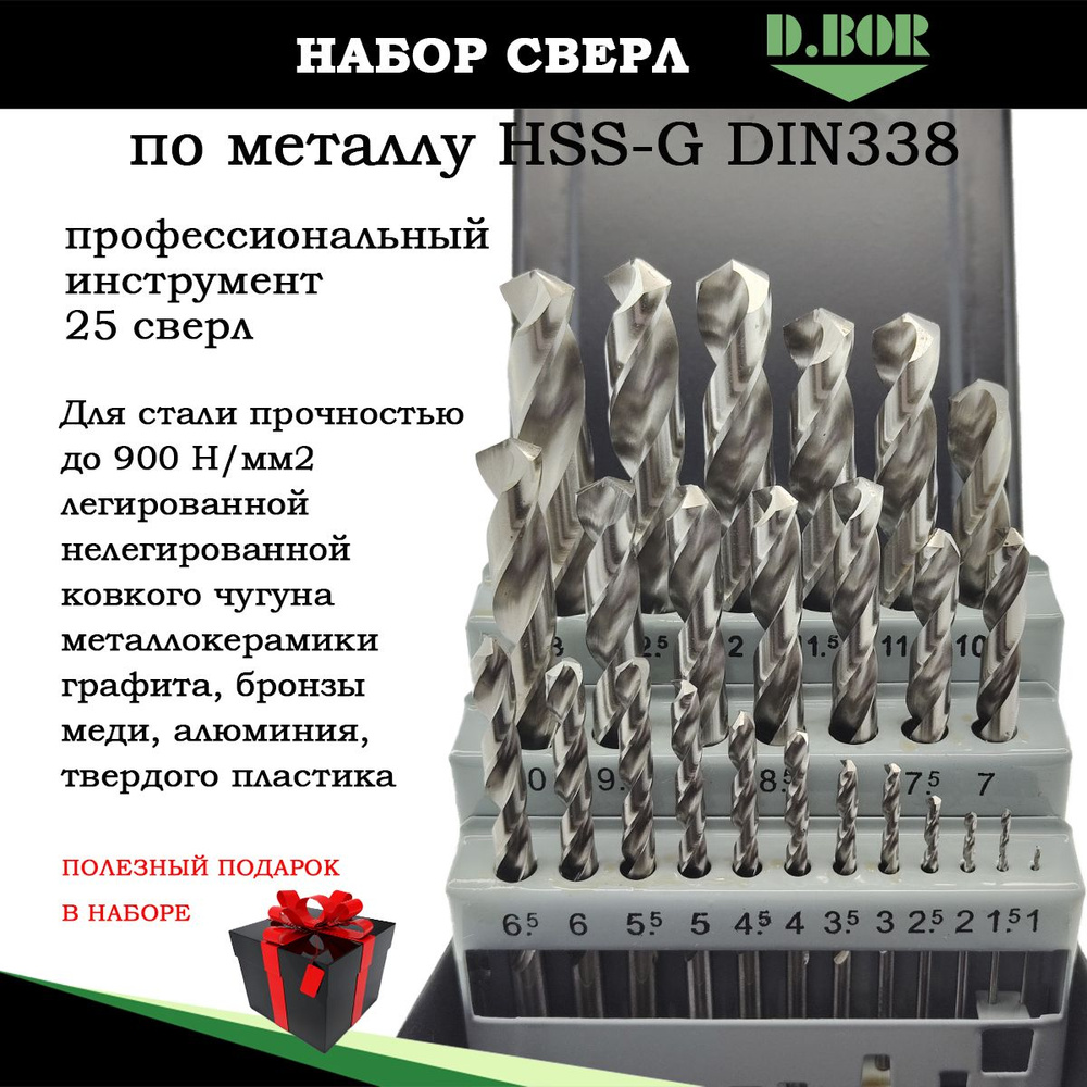 Набор сверл по металлу 25 шт + 2 шт в подарок, от 1-13 мм D.BOR, для дрели и шуруповерта  #1