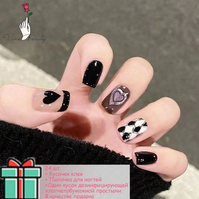 Короткий набор для накладных ногтей, милый и классный черный дизайн с любовным узором ручной росписи, #1