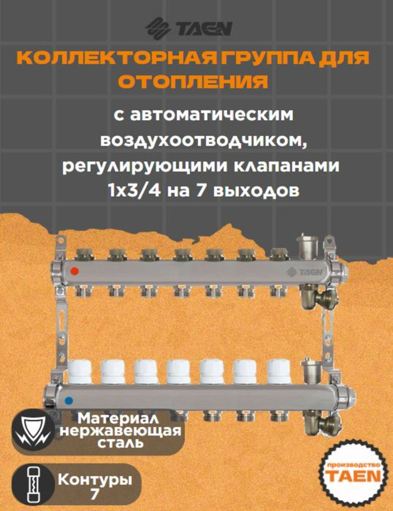 Коллекторная группа TAEN 1x3/4x7 выходов для систем отопления (регулирующие клапаны, автоматический воздухоотводчик, #1