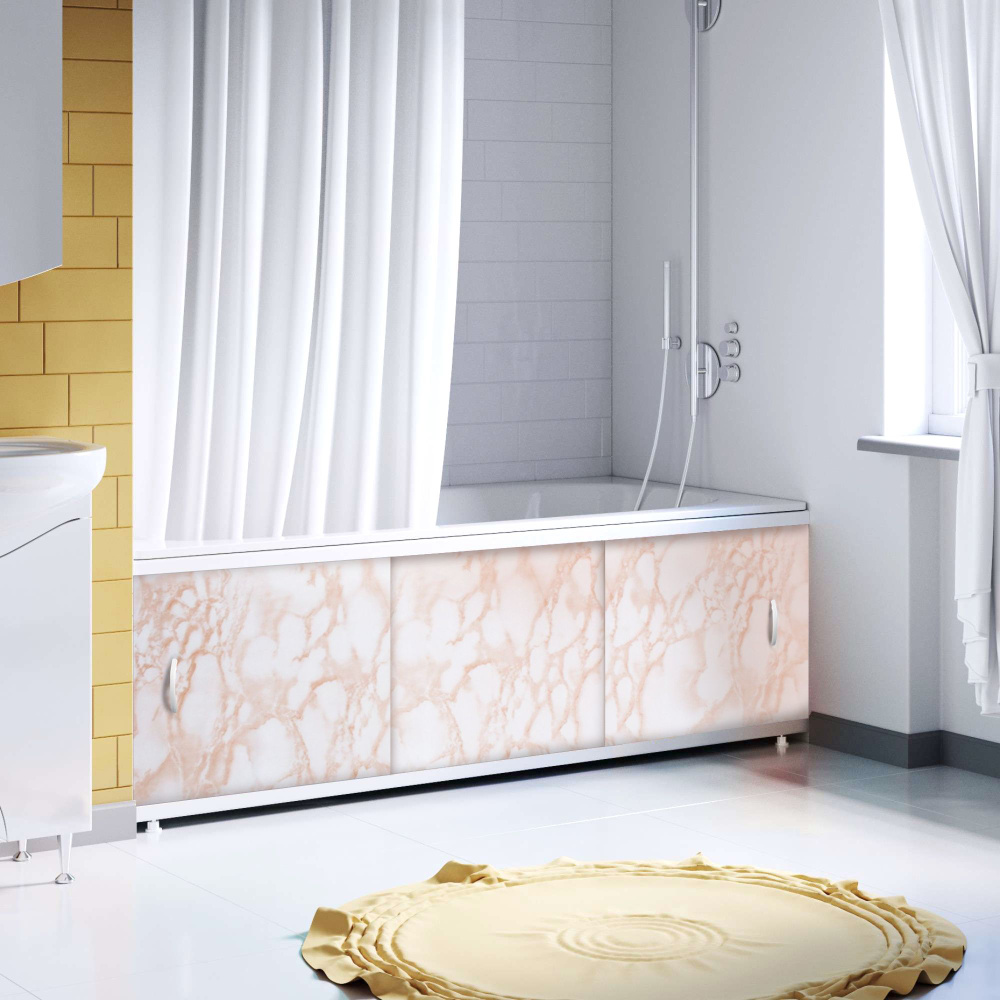 Экран пластиковый под ванну Elegant 170, алюминиевый профиль, фасад ПВХ панель, цвет кремовый мрамор #1