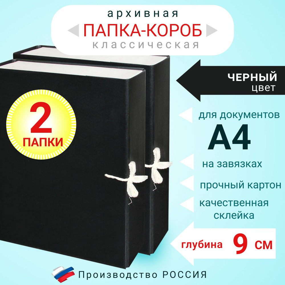 Набор из 2-х штук Папка архивная для бумаг А4 с завязками, Короб архивный для документов, цвет черный, #1