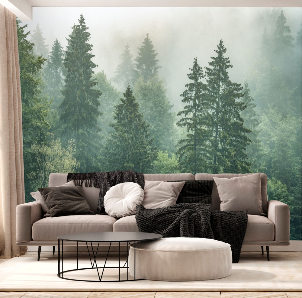 Флизелиновые фотообои на стену с природой Dekor Vinil "Туман в лесу" 300х270 см для спальни, гостиной, #1