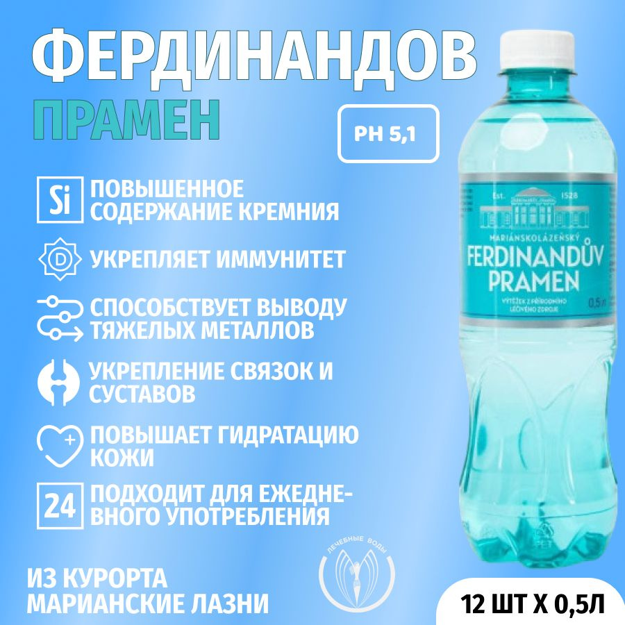 Минеральная столовая вода природной газации Фердинандов Прамен (Ferdinanduv  Pramen) с кремнием 0,5л * 12 шт. - купить с доставкой по выгодным ценам в  интернет-магазине OZON (1152201998)